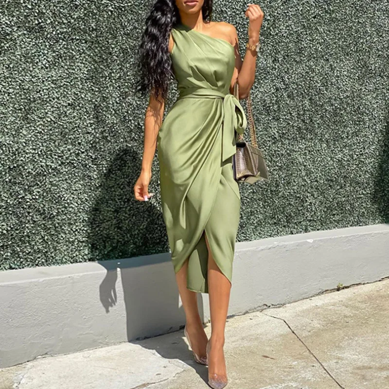 

Sleeveless One Shoulder Wrap Satin Belted Cocktail Midi Dress Summer Bandage Plus Robe Women's Ruched Bodycon Dress Asymmetrical