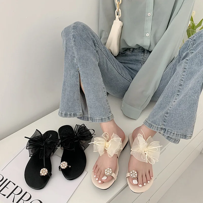 

Summer New Retro Fashion Style Net Gauze Bowknot Outerwear Women Sandals Slippers Female Pearl Slip on Roman Beach Shoes