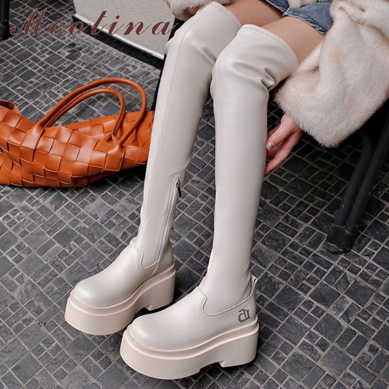 

Женские ботфорты из натуральной кожи Meotina, осенне-зимние высокие сапоги на платформе и блочном высоком каблуке, с круглым носком, на молнии