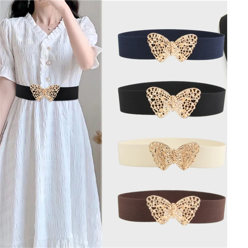 

Ремень с круглой пряжкой, Модный Универсальный декоративный пояс с бабочкой, эластичный, для платья, свитера, пальто, украшение