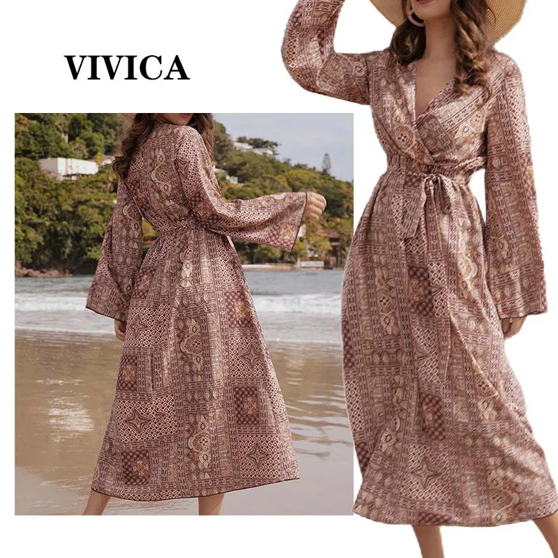 

2022 Autumn Retro Dress Temperament V-neck Printed Skirt Casual Holiday Style Long Skirt Dress for Women