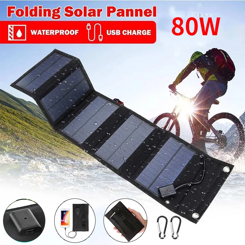 80W Foldable Solar Panel Bag USB 5V Monocrystal Solar Cell Waterproof Solar Cell Outdoor Portable Power Bank for Mobile Phone