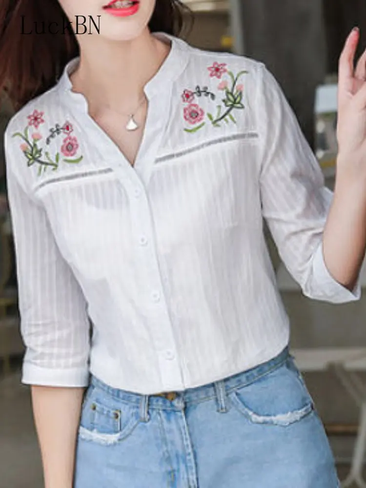 

Новая модная женская одежда с цветочной вышивкой, блузка, женские топы с рукавом семь восьмых, блузы, белая офисная женская рубашка, женская ...