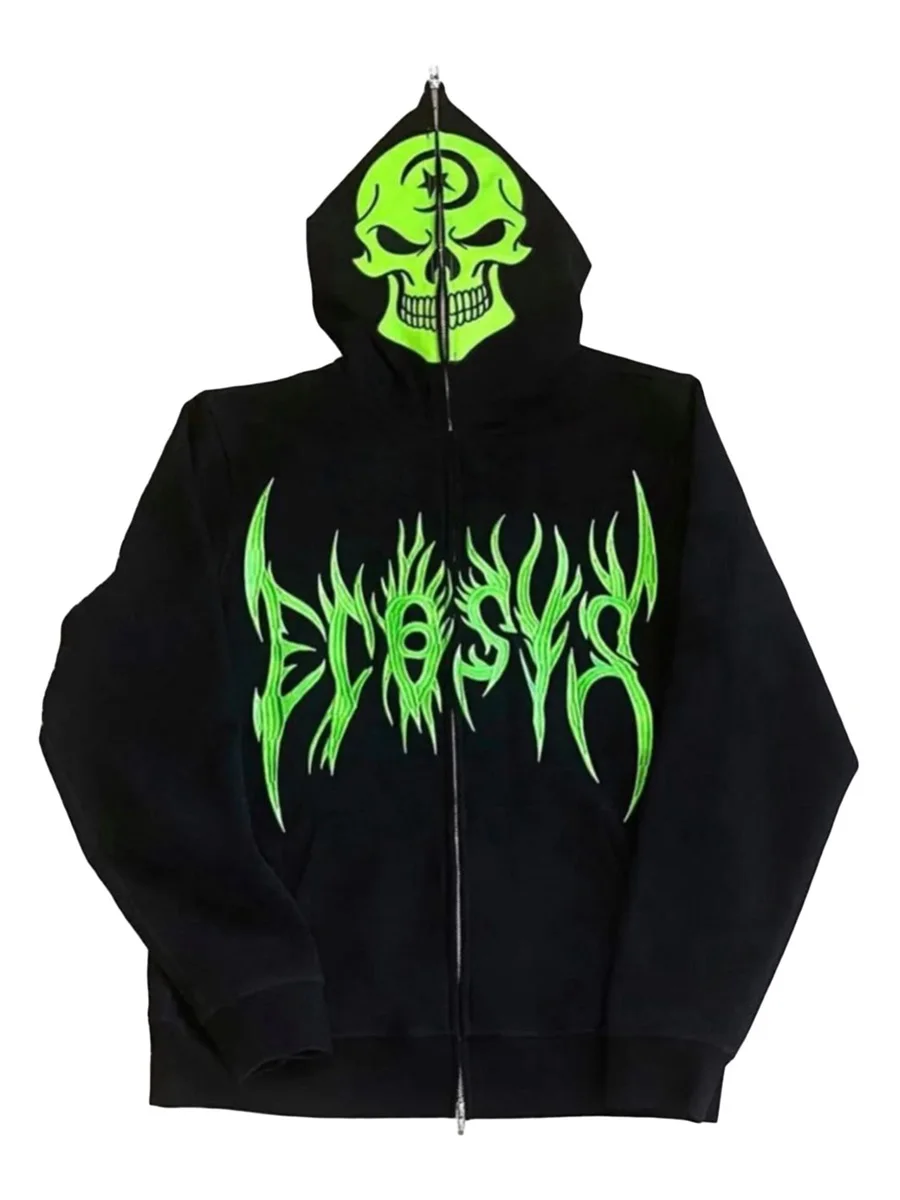 

Women Men Zipper Coat Long Sleeve Hooded Green Skull Print Fall Spring Casual Sports Inner Thin Velvet Coat