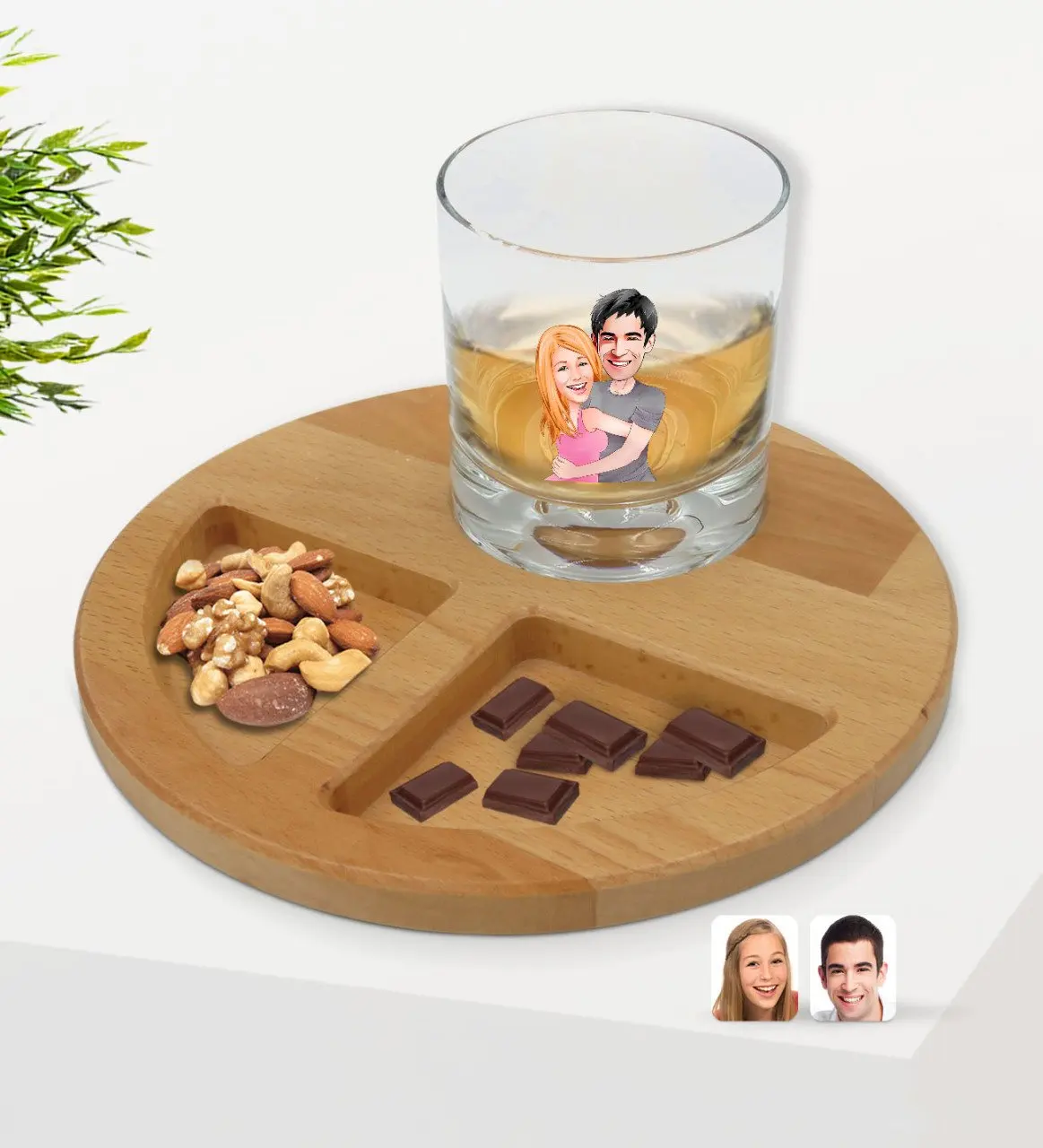 

Personalized Valentine Karikatürlü Whisky Cup and Natural Solid Wood Round Presentation Tabağı Confectionary Gift Seti-86