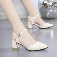 womens sandals 2022 new summer new korean fashion thick with high heels pointed hollow casual professional work pu shoes