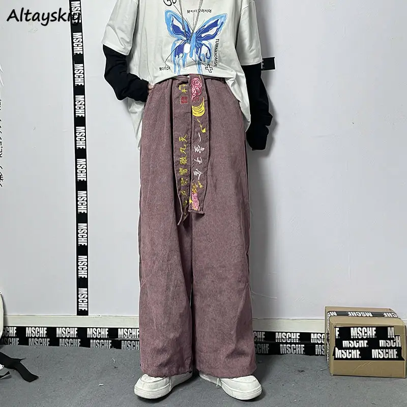 

Casual Pants Women Design Embroidery Bloomers Pant Streetwear Harajuku Loose Stylish Sashes Corduroy Bundle Feet Trousers Unisex