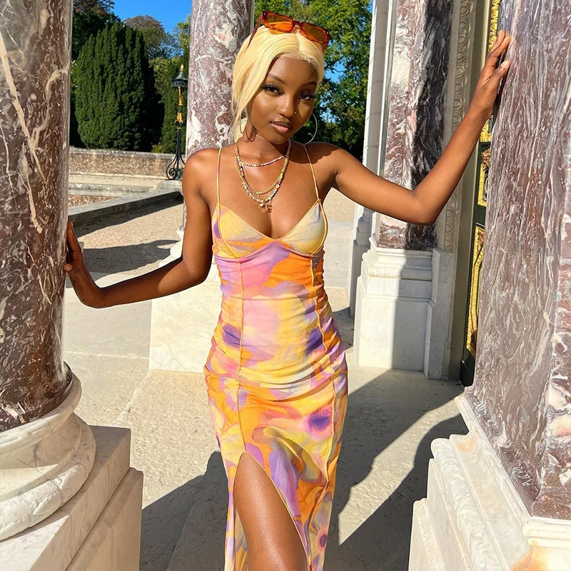 

Cover Up Beach Women Wear 2023 Across Supplier Street Hipster Print Neck Split Dress Polyester Bath Swimsuit Female Summer