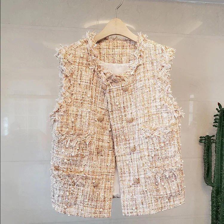 Tailor Store customize  plus size waistcoat French temperament small fragrance beige  tweed vest fall wear  tweed jacket