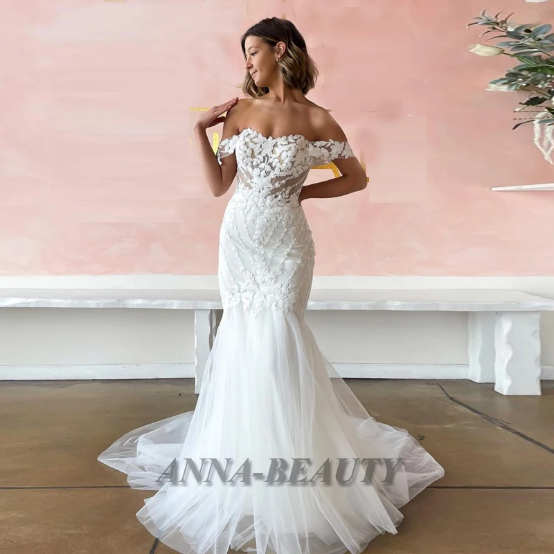 

Anna Sweetheart Mermaid Wedding Dresses Appliques Tulle Off The Shoulder Lace Up Illusion Sweep Train Robe De Mariée Customised