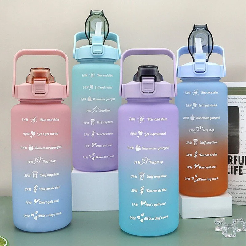 Plastic Bpa Free Sport 2 Liters Water Bottle Large With Straw Motivational Gym Water Bottle Time Marker Bottle Handle Leak Proof