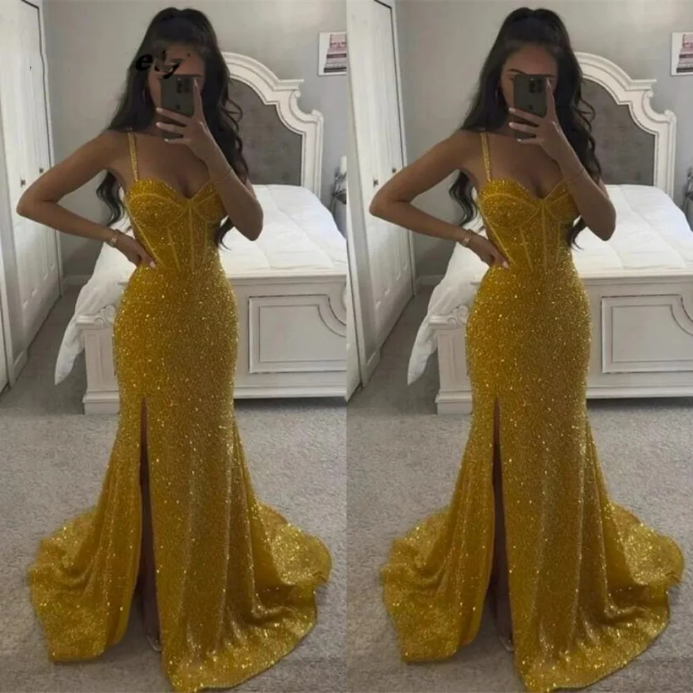 

Glitter Gold Sequins Prom Dresses Mermaid Split Spaghetti Straps Formal Women Evening Party Gowns Maxi Robe De Soiree 2023