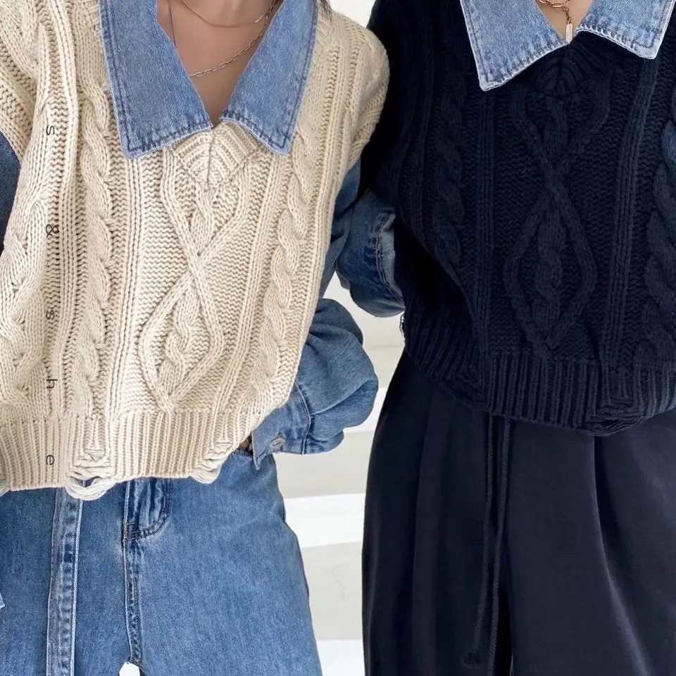 

Женский свитер, рубашка в стиле Харадзюку, джинсовый свитер из двух предметов с длинными рукавами, новая плотная верхняя одежда, модная своб...