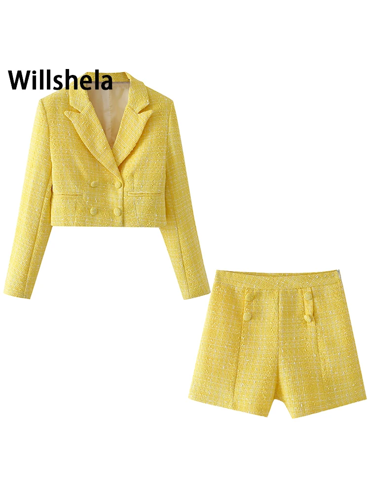 

Willshela Women Fashion 2 Piece Set Suits Tweed Solid Double Breasted Cropped Blazer & Side Zipper Shorts Female Blazer Suits