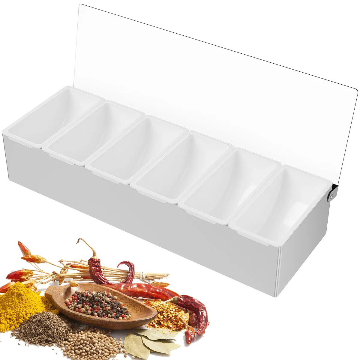

New Condiment Dispenser Holder 6 Compartment with Lids Stainless Steel Pizza Topping Containers Detachable Seasoning Spice Box