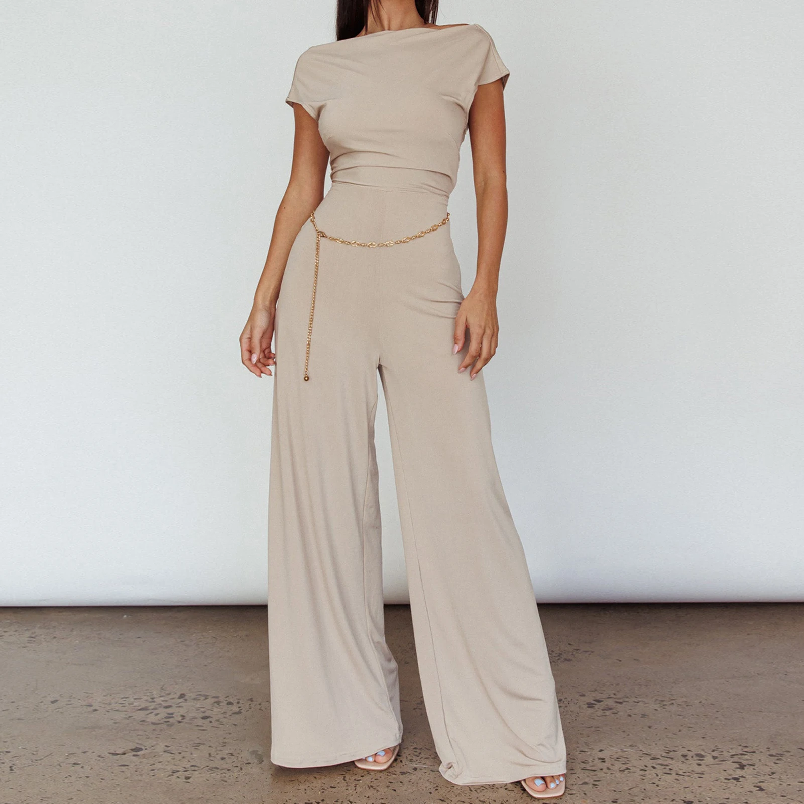 

Ladies Wide Leg Pants Romper Elastic Waist Short Sleeve Jumpsuits Elegant Solid Color Full Length Summer Commuting Jumpsuit