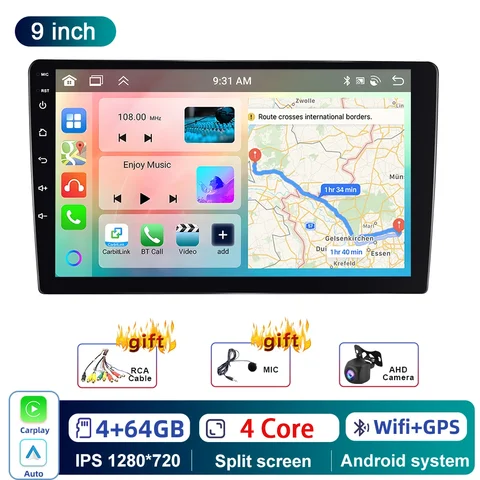Автомагнитола Podofo универсальная, 7/9/10 дюйма, Android 4 + 46 ГБ, GPS-навигация, Bluetooth, FM, DSP, Wi-Fi