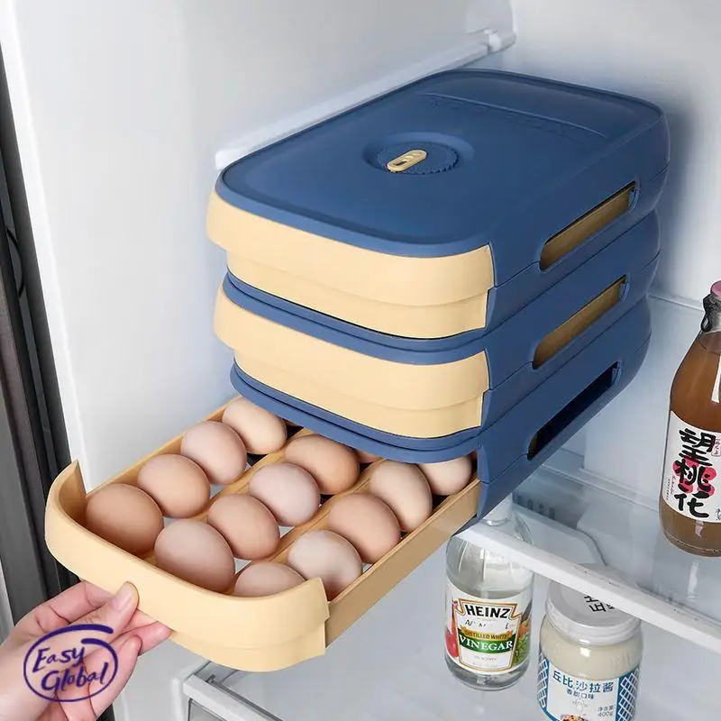 

Refrigerator Fresh Egg Carton Drawer Style Kitchen Storage Box with Lid Rolling Egg Tins Stackable Egg Organiser