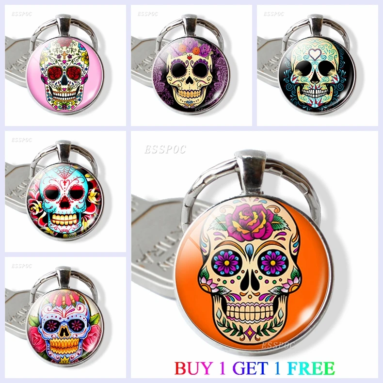 

Buy 1 Get 1 Free Sugar Skull Keychain Car Glass Dome Cabochon Pendant Skull Handmade Jewelry Accessories Gift Wholesale