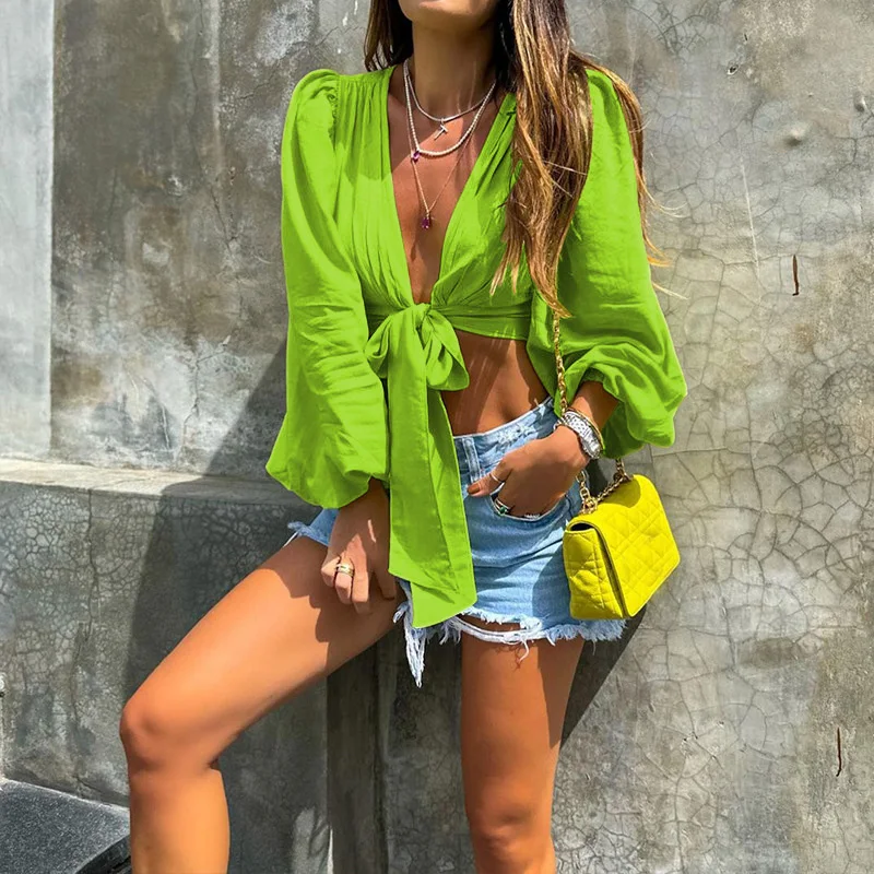 

Elegant Solid Color Hollow Out Street Streetwear Women Deep V Neck Lace-up Tops Shirts Summer Casual Long Sleeve Office Pullover