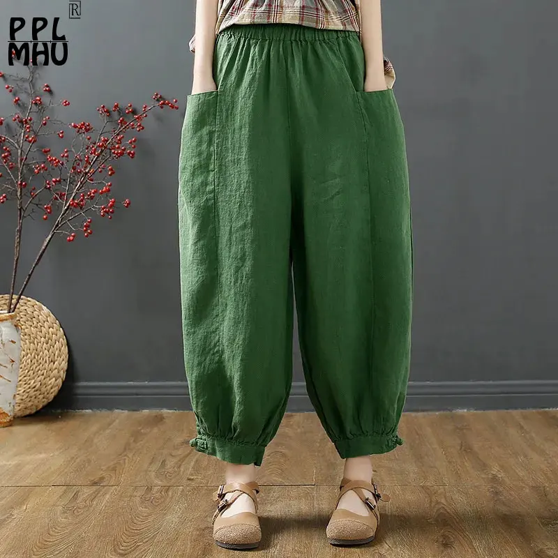 

Vintage Cotton Linen Bloomers Oversize Summer Casual Harem Pants Women Elastic High Waist Jogger Capris Ankle Baggy Pantalones