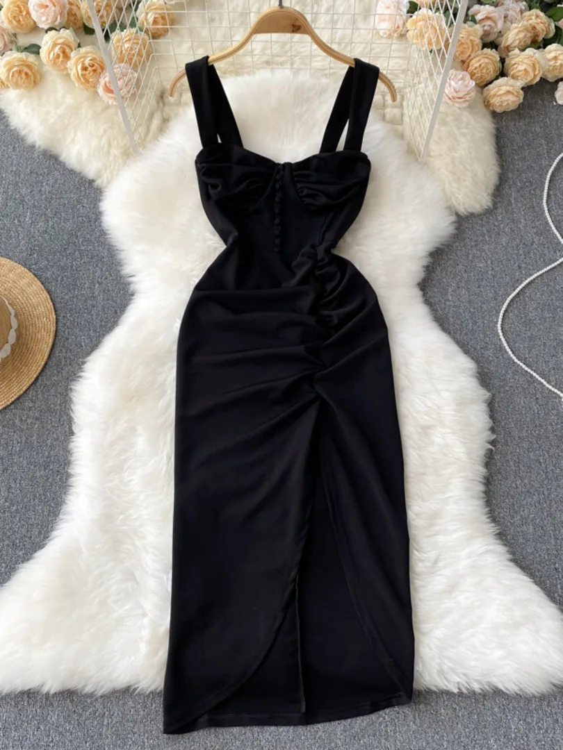 

Sexy Black Bodycon Party Dress Women Elegant Spaghetti Strap Square Collar Sleeveless Slim Ruched Split Summer Dress