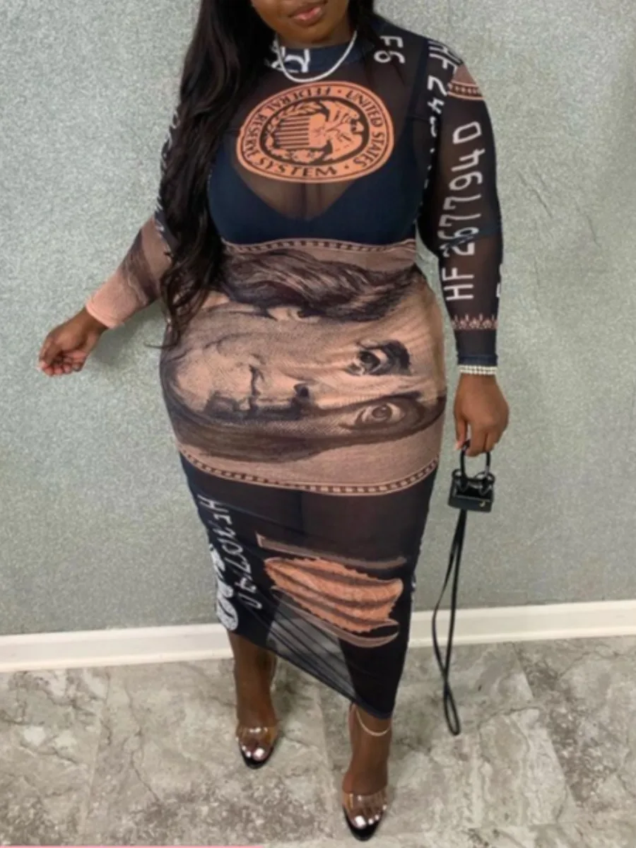 

LW Plus Size Money Portrait Print Bodycon Dress See-through O Neck Long Sleeve Sheath Body-shaping Cleavage Female Vestidos