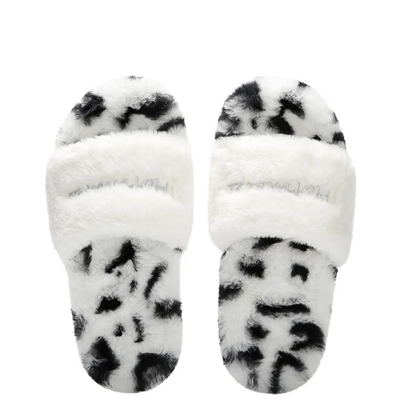 

Black And White Spot Design Plush Slippers Autumn And Winter New Faux Fur Slippers Home Slip-resistant Slippers