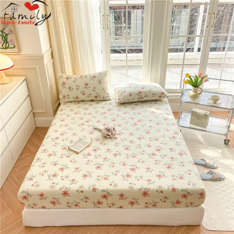 

Washed Cotton Fitted Sheet High Quality Household Bedroom Non-slip Adjustable Mattress Pad Cover Queen Size Bed Sheets Decor 1PC