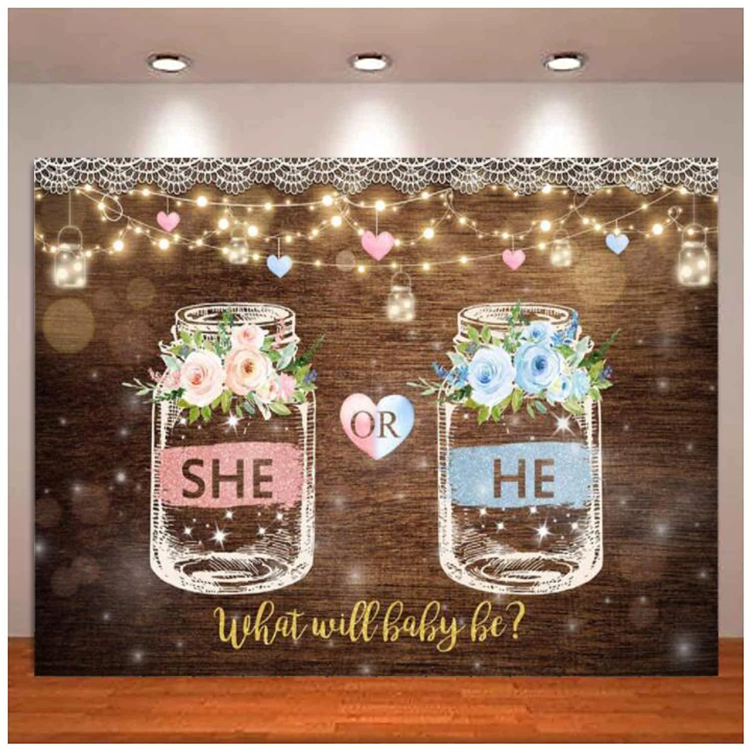 She Or He Gender Reveal Photography Backdrop Brown Wood Wishing Bottle Pink And Blue Flower Background Lace String Lights Decor