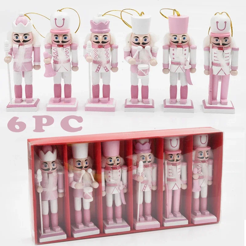 

6Pcs Mini Nutcracker Set Pink Wooden Soldier Nutcracker Statue Christmas Pendant Creative Home Desktop Ornaments