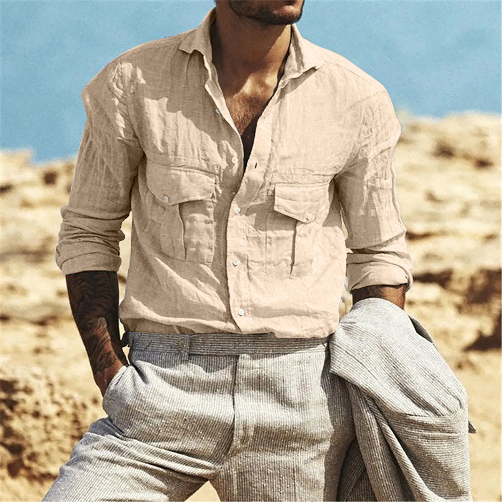Рубашка мужская с длинным рукавом сорочка из хлопка и льна на пуговицах