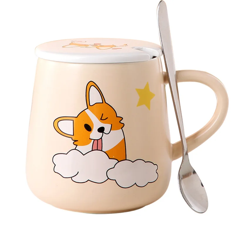 

440ml Creative Cartoon Pattern Corgi Ceramic Coffee Mug with Lid Spoon Couple Water Cup Cute Gift Cup