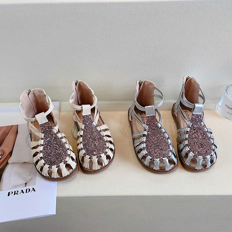 

Сандалии для девочек, Новинка лета 2023, обувь в римском стиле с вырезами, Детские блестящие плетеные сандалии принцессы для девочек, римские сандалии для студентов