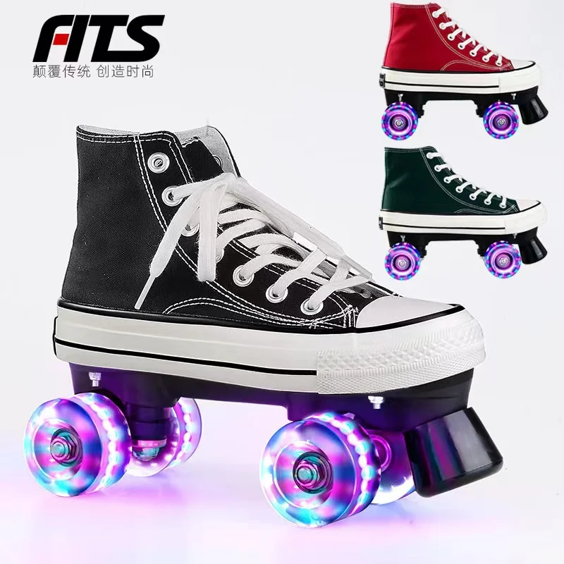 Adult Kids Canvas Skate Shoes Double Row Two Line Roller Skates Patines With 4 Flash Wheels Training Sneakers Size 31-44