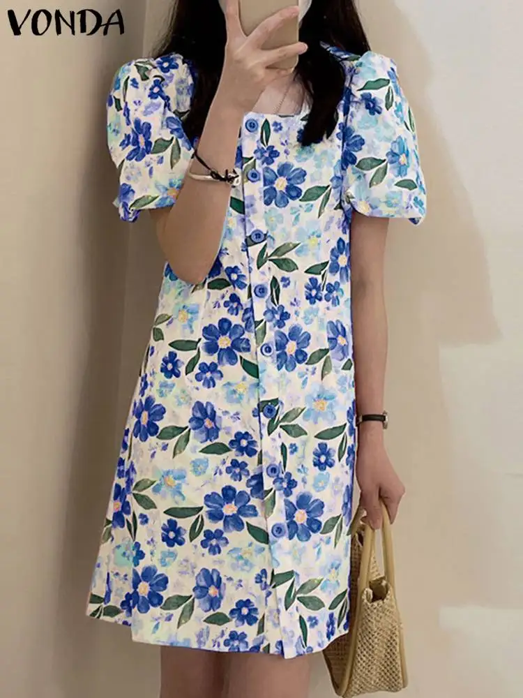 

Summer Mini Dress Women Short Sleeve Floral Printed Summer Sundress 2023 VONDA Sexy Square Collar Buttons Vestidos Femme Robe