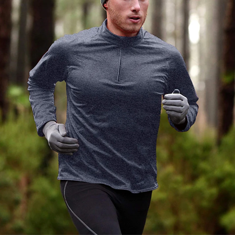 

2022 New Men's Long Sleeve T-Shirt Male Spring Autumn Zip Collar Solid Color Quick-drying Sports Running T Shirts Tops Pullover