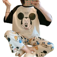 disney mickey mouse 2 pcs pajamas woman summer 2022 new short sleeve top and print pants soft cute kawaii nightgown women suit