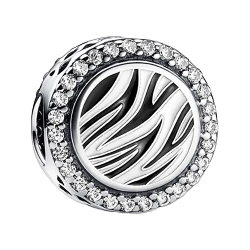 

Round Black Enamel Nature Zebra Texture Charms For Women 925 Sterling Silver Original Jewelry Making DIY Bracelets Pave Clear CZ