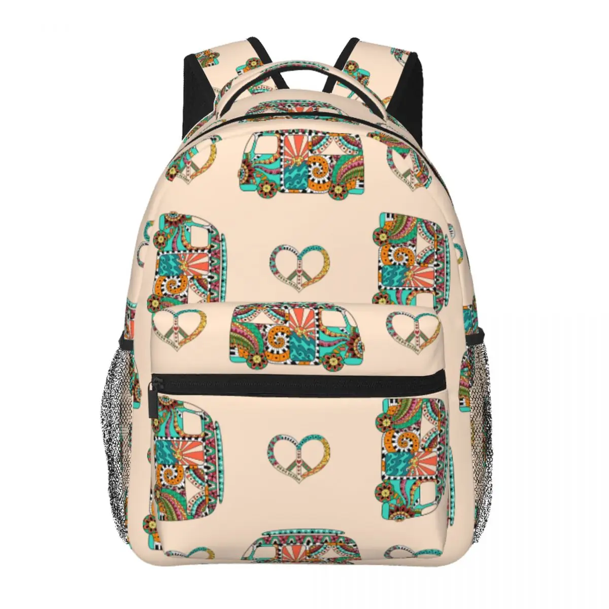 

Men Woman Backpack Zentangle Colorful Hippie Camper Bus And Symbol Peace Schoolbag for Female Male Fashion Bag Student Bookpack