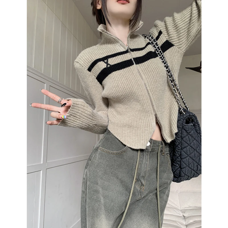 American vintage Contrast Color Double Zipper Polo Collar Knit Women Autumn and Winter New Casual Show Short Thin Sweater Car...