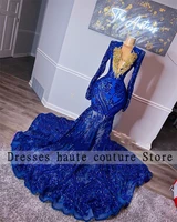 sexy royal blue appliques long sleeve mermaid prom dresses 2022 o neck sequined african black girls evening gowns