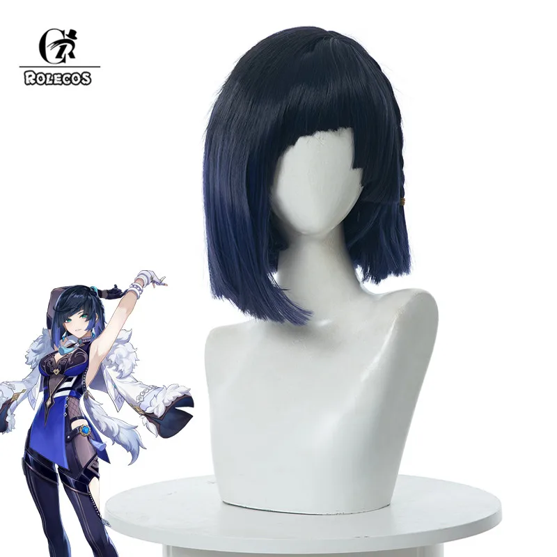

ROLECOS Game Genshin Impact Yelan Cosplay Wig Yelan Cosplay Wig Women Blue 35cm Short Headwear Heat Resistant Synthetic Hair