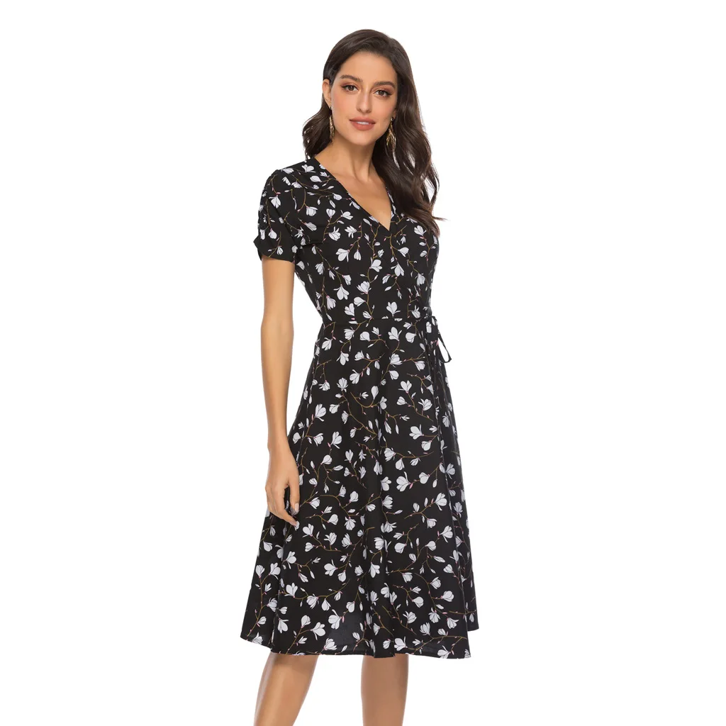 

Vintage Floral Printed Dress Summer Women V-neck Draw String Dresses Ladies Short Sleeve Beach Dress Casual Sundress Vestido