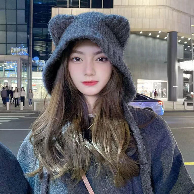 Милые шерстяные шапки с медвежонком женские зимние теплые утолщенные модные