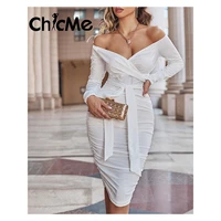 chicme fall 2021 women midi one shoulder ruched design bodycon dress femme white belted long sleeve vestidos sexy elegant