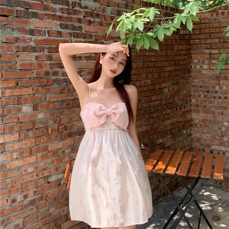 

Sexy Summer Holiday Cute Girl Bowknot Mini Dress Princess Slash Neck Slim Waist Floral Print Dress Princess A Line Party Dress
