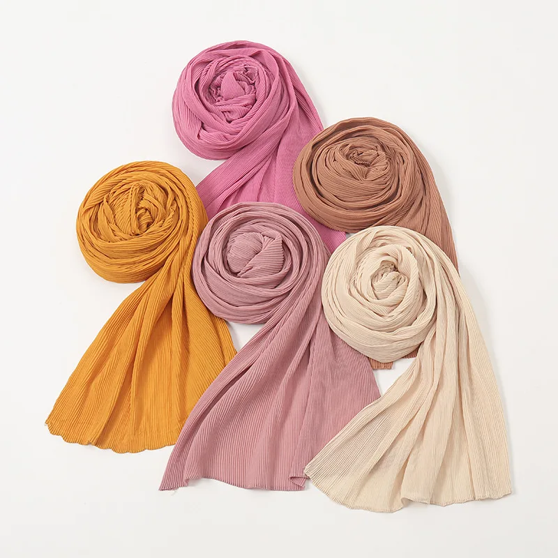 Pleated Chiffon Hijabs for Woman Wrinkle Scarf Solid Shawls Plain Muslim Headband Wraps Big Size Crinkle Turbans Long Stoles