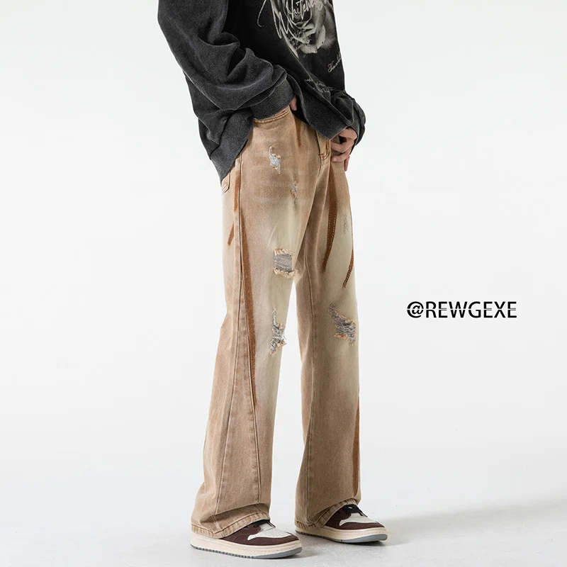 Coffee Blue Black Baggy Jeans Men Fashion Hole Straight Jeans Men Japanese Streetwear Hip Hop Loose Denim Pants Mens Trousers