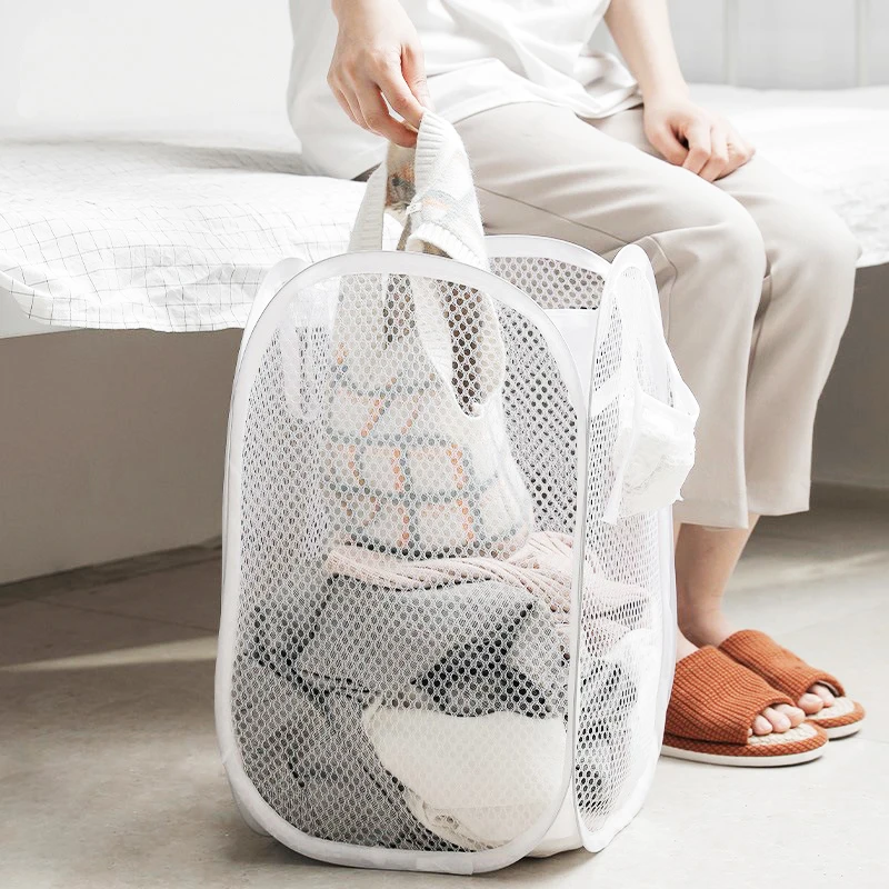 

Mesh Pop Up Square Laundry Basket Storage Toy Organizer Bag Collapsible Clothes Baskets for Dorm, Bathroom & Travel